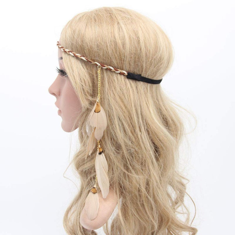 WLBON Feather Headband Hippie Indian Boho Hair Bands Tassel Bohemian Halloween Hair Hoop Women Crown Hairband Party Decoration Headdress Cosplay Costume Headwear Headpiece Handmade Hair Accessories Khaki - Image 2
